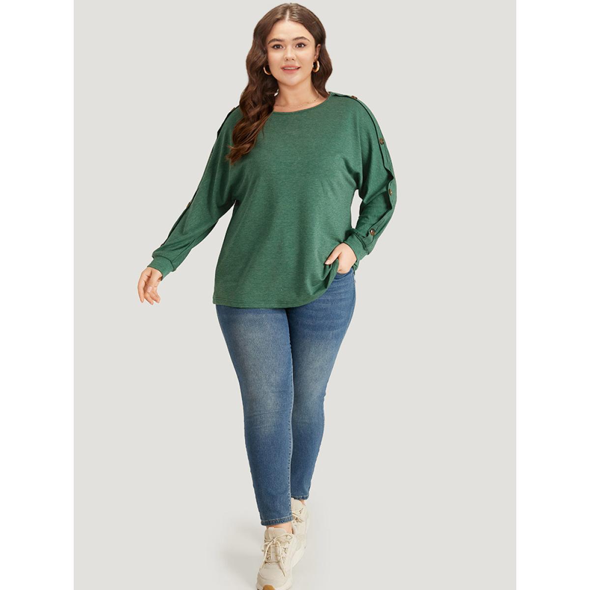 Plus Size Solid Round Neck Button Detail Dolman Sleeve Sweatshirt Women DarkGreen Casual Elastic cuffs Round Neck Dailywear Sweatshirts BloomChic 22-24/3X Product Image