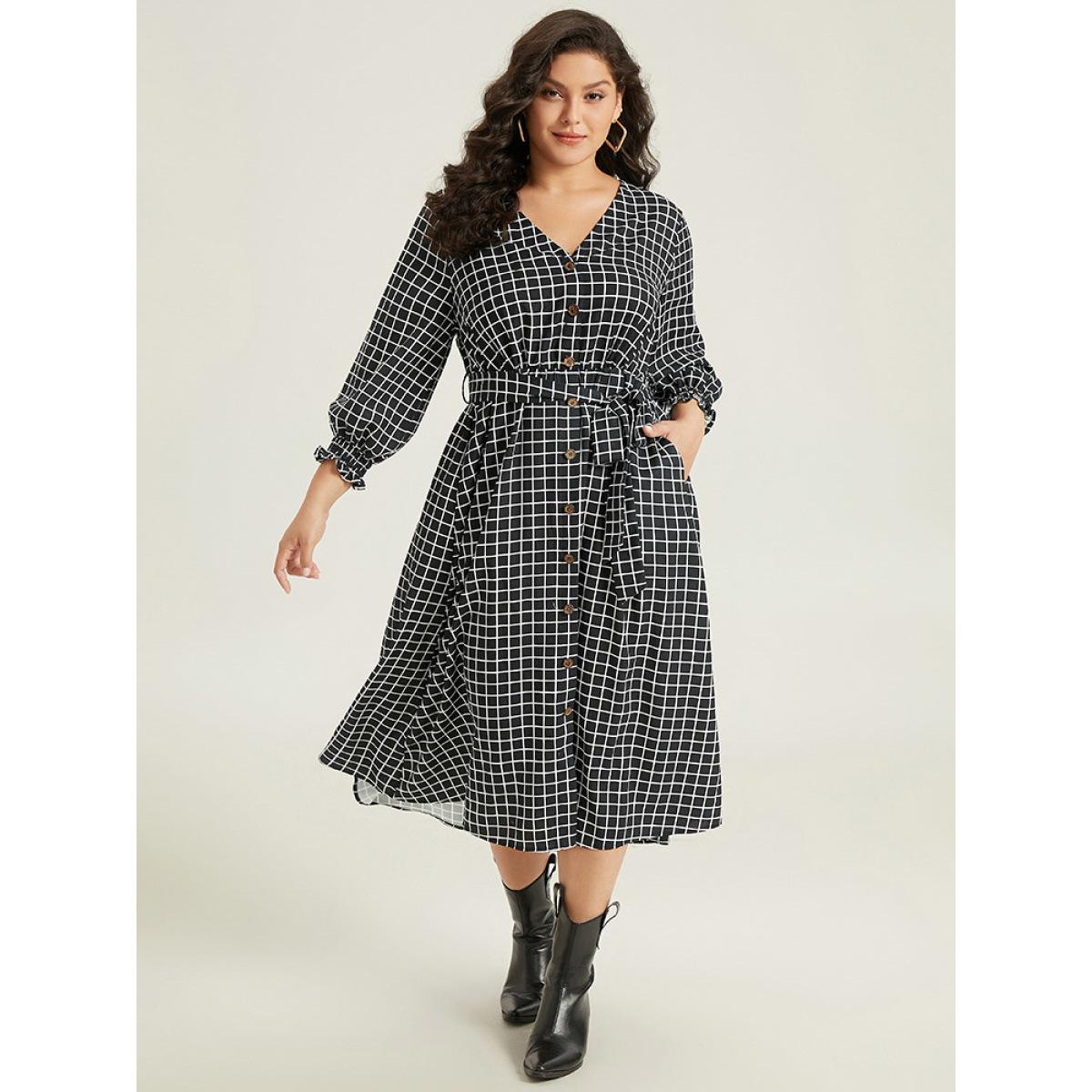 Plus Size Gingham Button Detail Pocket Lantern Sleeve Dress Black Women At the Office Belted V-neck Long Sleeve Curvy Midi Dress BloomChic 30/6X Product Image