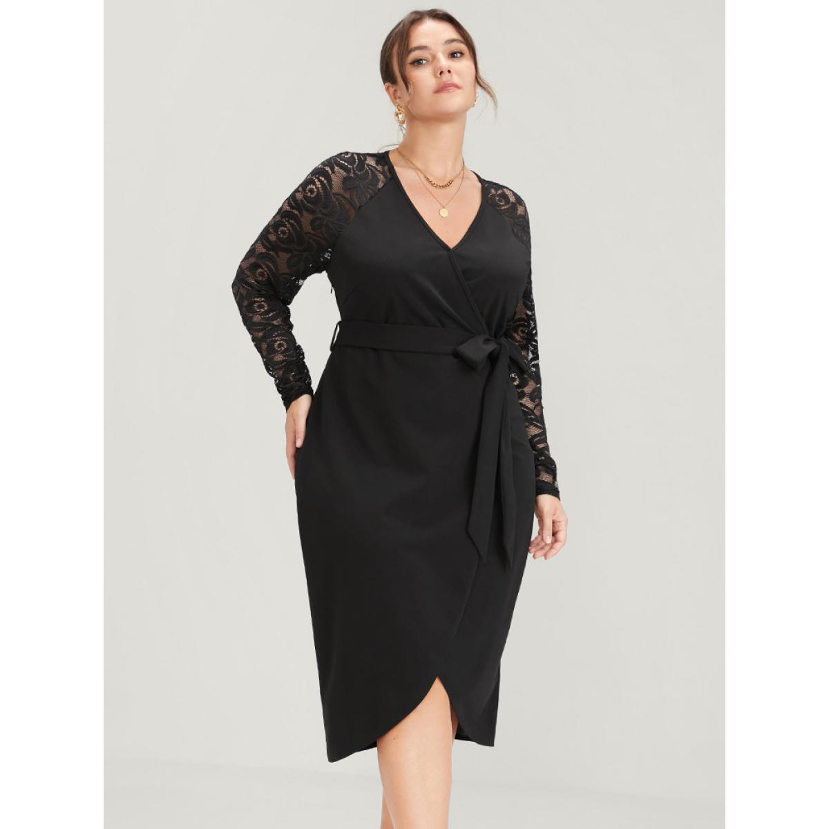 Plus Size Solid Button Eyelet Lace Belted Wrap Knee Dress Black Women Elegant Cross straps V-neck Long Sleeve Curvy Midi Dress BloomChic 18-20/2X Product Image