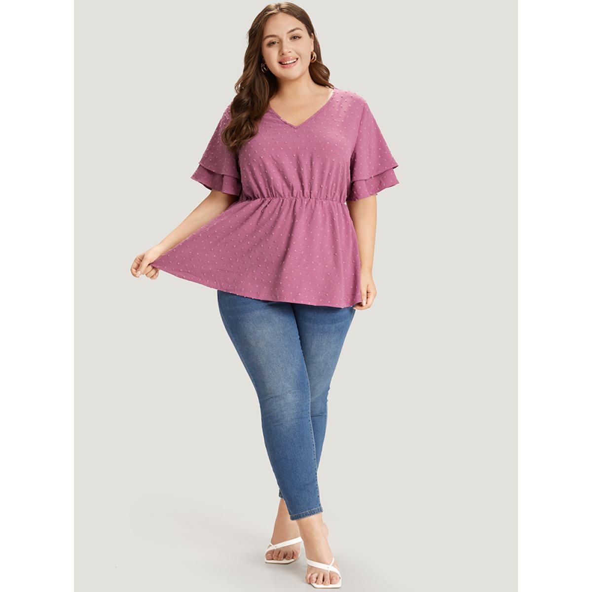 Plus Size Purple Polka Dot Elastic Waist Ruffle Sleeve Layered Blouse Women Elegant Short sleeve V-neck Dailywear Blouses BloomChic 10/M Product Image
