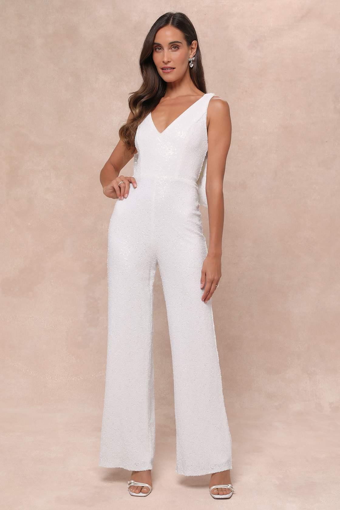 Feeling Sparkly White Sequin Bow Wide-Leg Jumpsuit Product Image