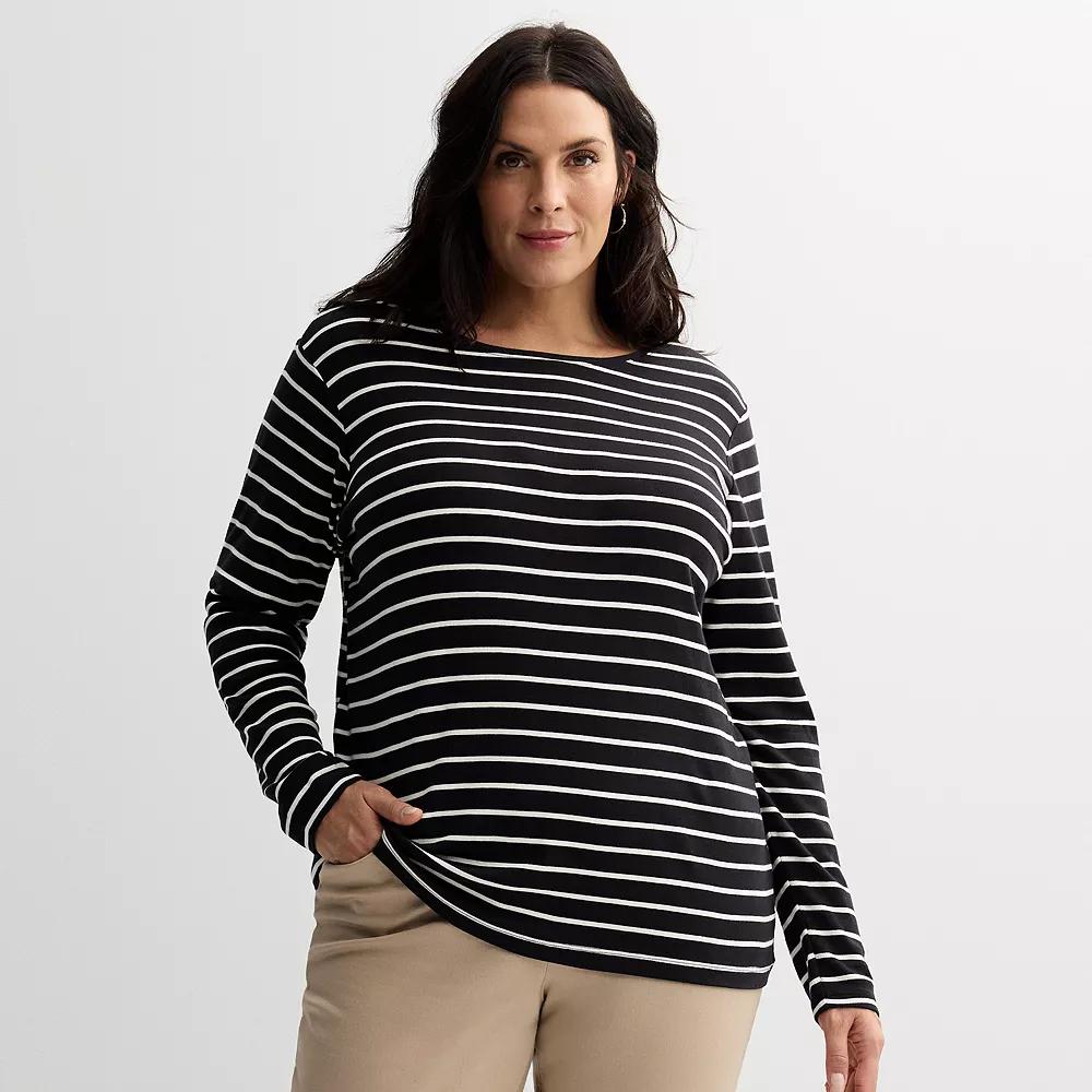 Plus Size Croft & Barrow® Essential Crewneck Long Sleeve Tee, Women's, Size: 3XL, Black Classy Stripe Product Image