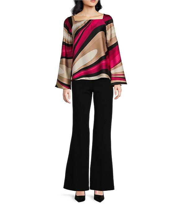 Trina Turk Torie Woven Satin Georgette Wynwood Wave Print Square Neck Long Raglan Sleeve Top Product Image