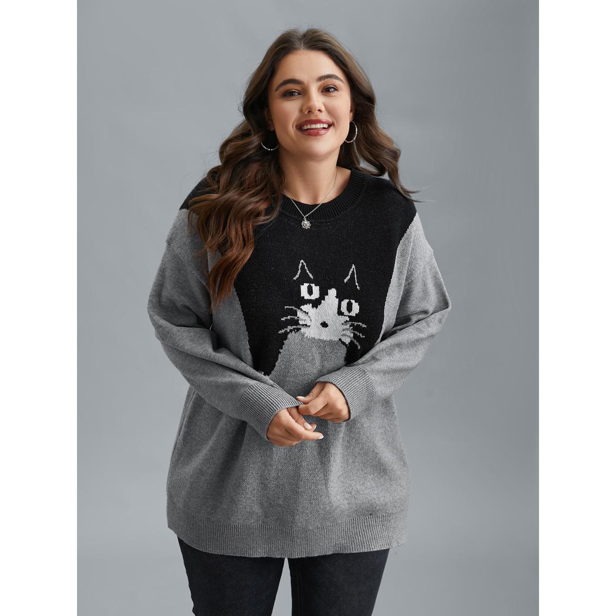 Plus Size Cat Print Color Block Round Neck Pullover DarkGray Women Casual Loose Long Sleeve Round Neck Everyday Pullovers BloomChic 22-24/3X Product Image