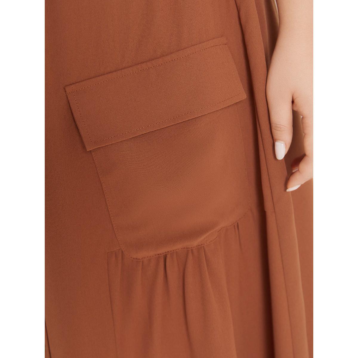 Plus Size Contrast Button Detail Flap Pocket Gathered Skirt Women OrangeRed Elegant Belted No stretch Pocket Dailywear Skirts BloomChic 22-24/3X Product Image