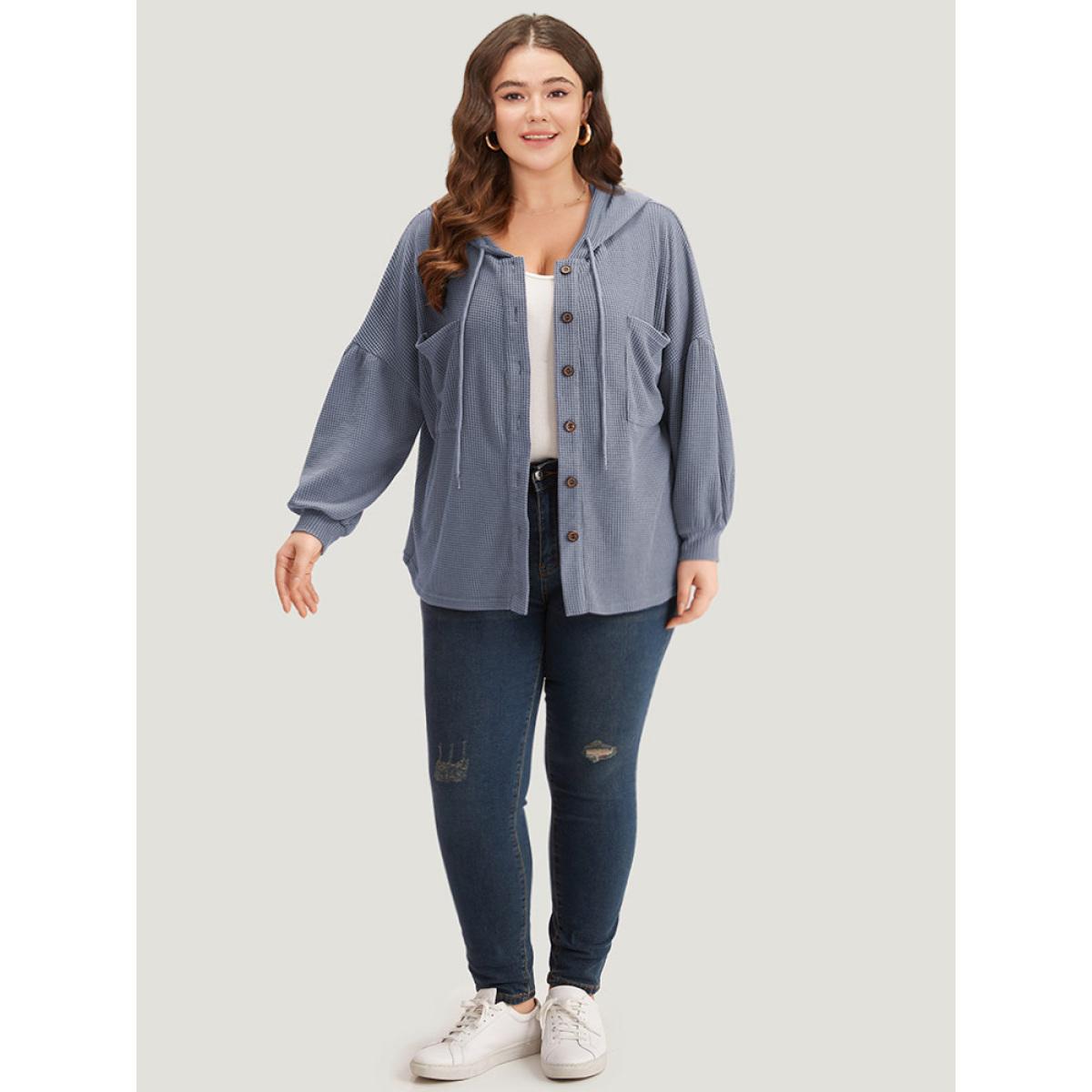 Plus Size Plain Texture Pocket Button Through Drawstring Hooded Jacket Women Stone Texture Pocket Dailywear Jackets BloomChic 12/L Product Image