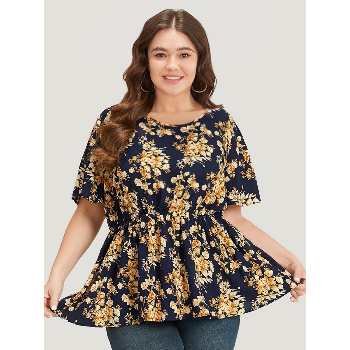 Plus Size Indigo Floral Print Flutter Sleeve Elastic Waist Blouse Women Elegant Short sleeve Round Neck Dailywear Blouses BloomChic 12/L Product Image