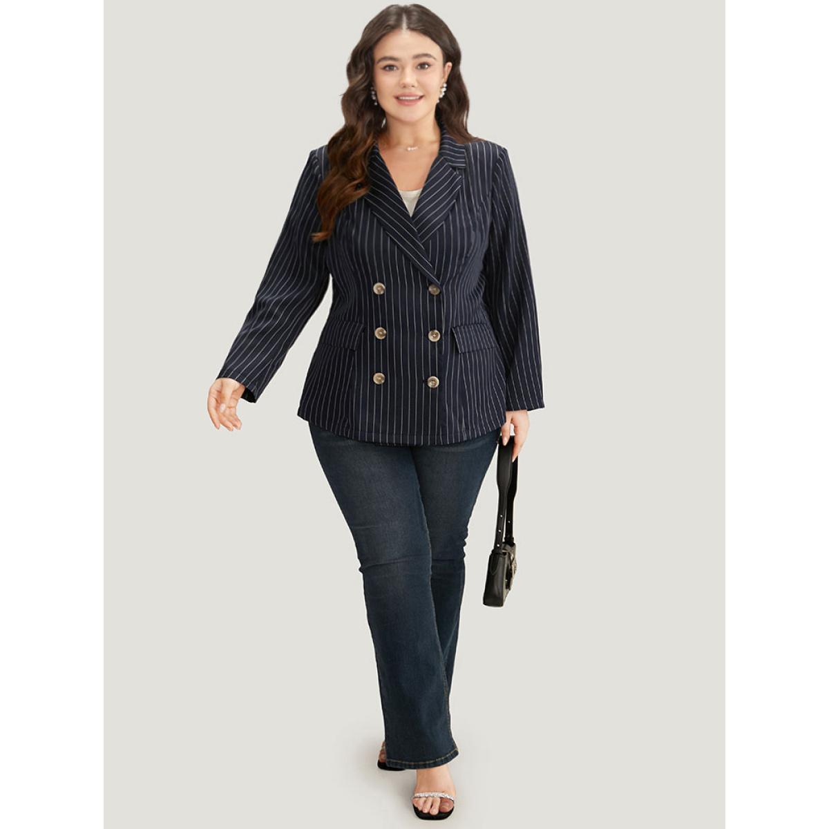 Plus Size Suit Collar Striped Double Breasted Blazer Blue Women Office Striped Button Sleeve Long Sleeve Suit Collar 30/6X Pocket Office Blazers BloomChic Product Image