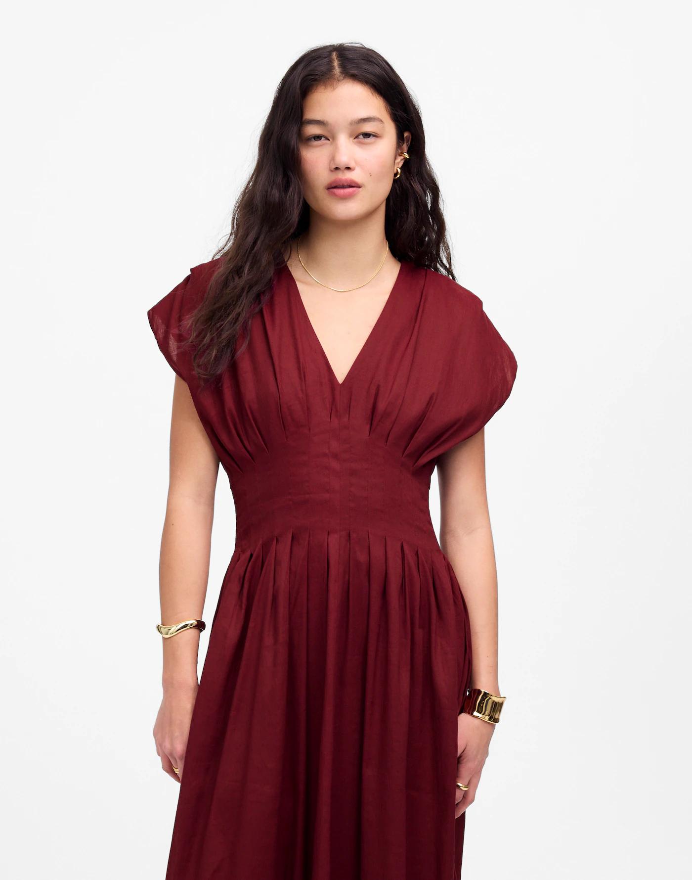 Pleated V-Neck Midi Dress Product Image