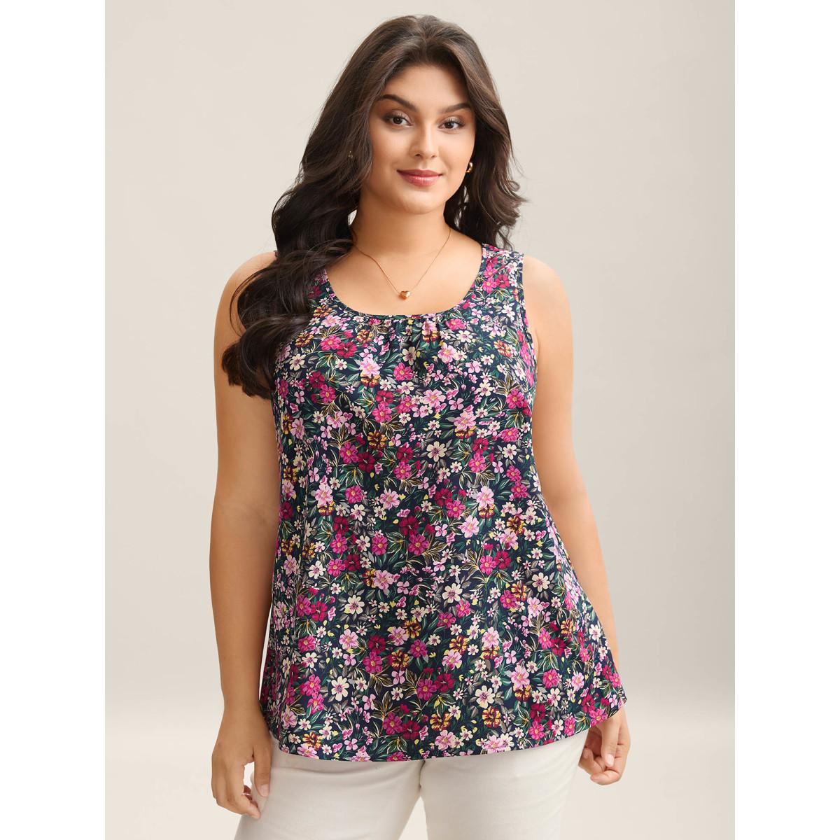 Plus Size Floral Print Pleated Neck Tank Top Women Midnight Timeless Gathered U-neck Elegant Tank Tops Camis BloomChic 30/6X Product Image