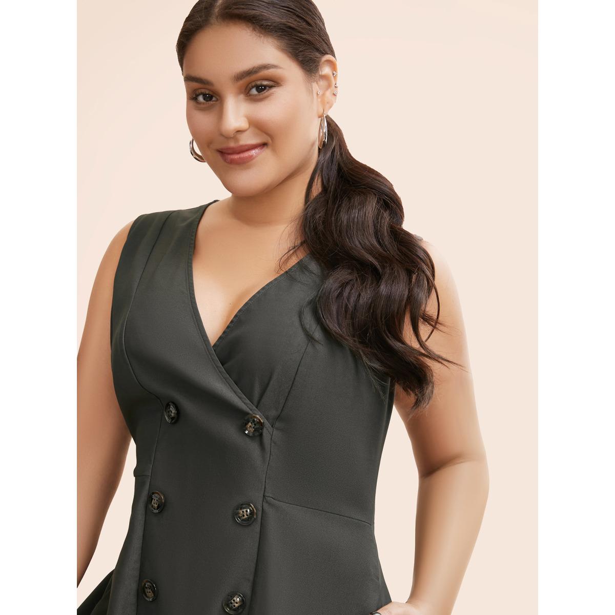 Plus Size Stretch Woven Double Breasted Wrap Dress DarkGray Women At the Office Button Overlap Collar Sleeveless Curvy BloomChic 14-16/1X Product Image