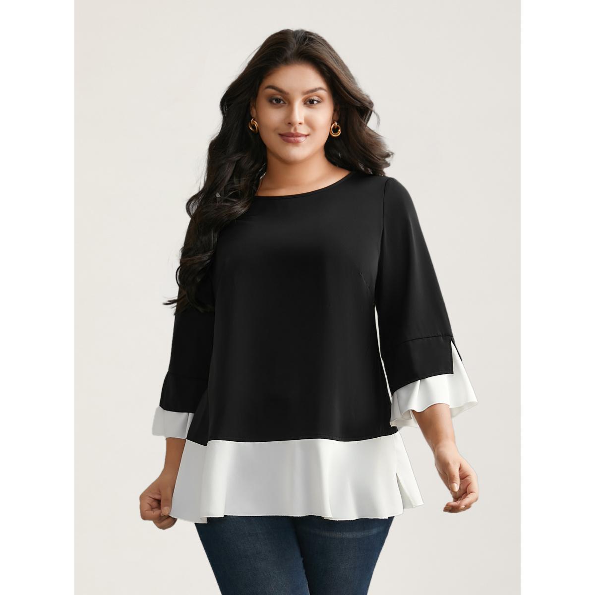 Plus Size Black Contrast Patchwork Bell Sleeve Blouse Women Romantic Elbow-length sleeve Round Neck Elegant Blouses BloomChic 10/M Product Image
