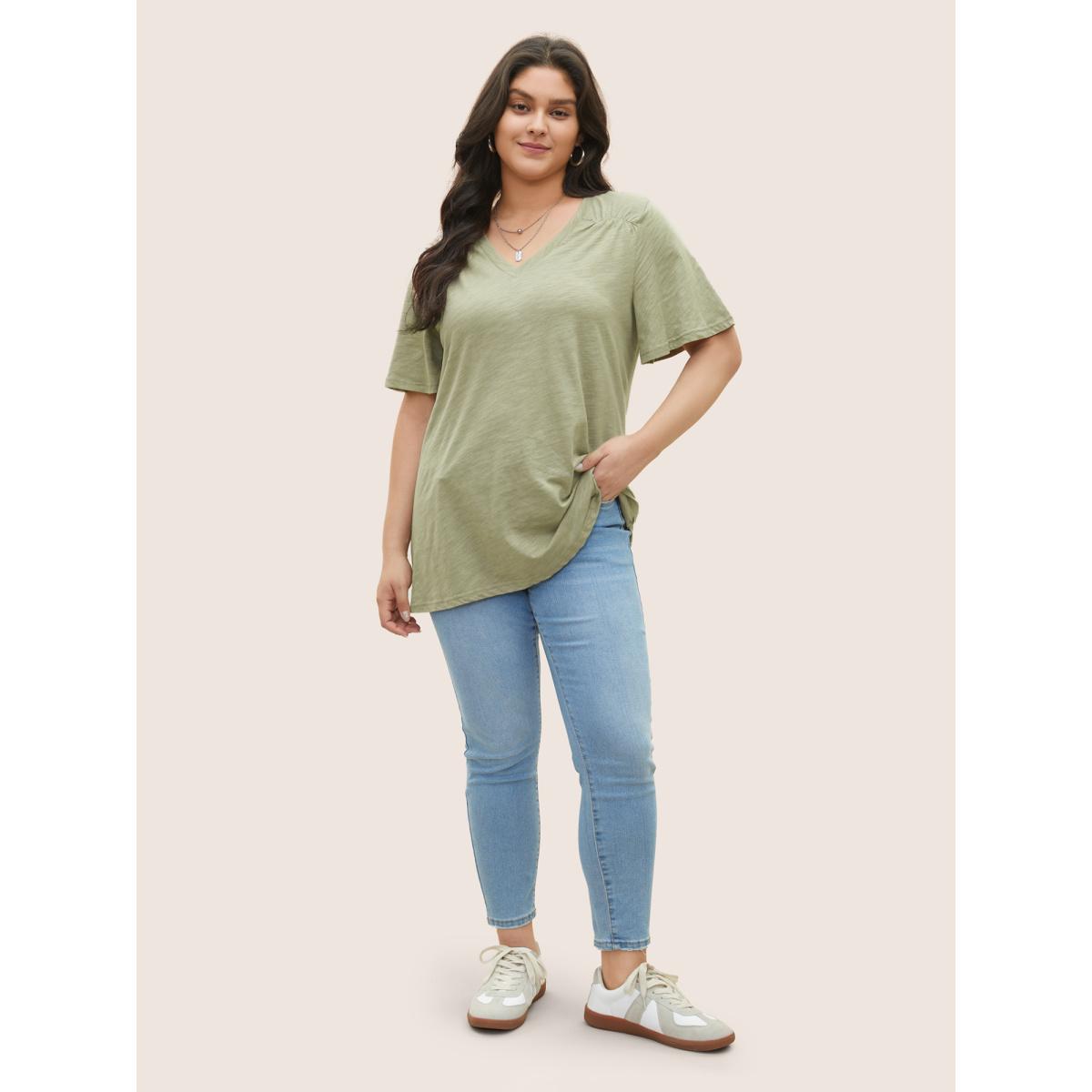 Plus Size Plain Ruffle Sleeve Heather V Neck T-shirt Sage Women Casual Plain V-neck Everyday T-shirts BloomChic 28/5X Product Image