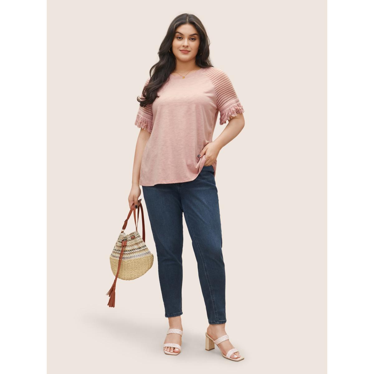 Plus Size Solid Cut Out Raglan Sleeve Fuzzy Trim T-shirt Pink Women Elegant Non Plain Round Neck Everyday T-shirts BloomChic 10/M Product Image