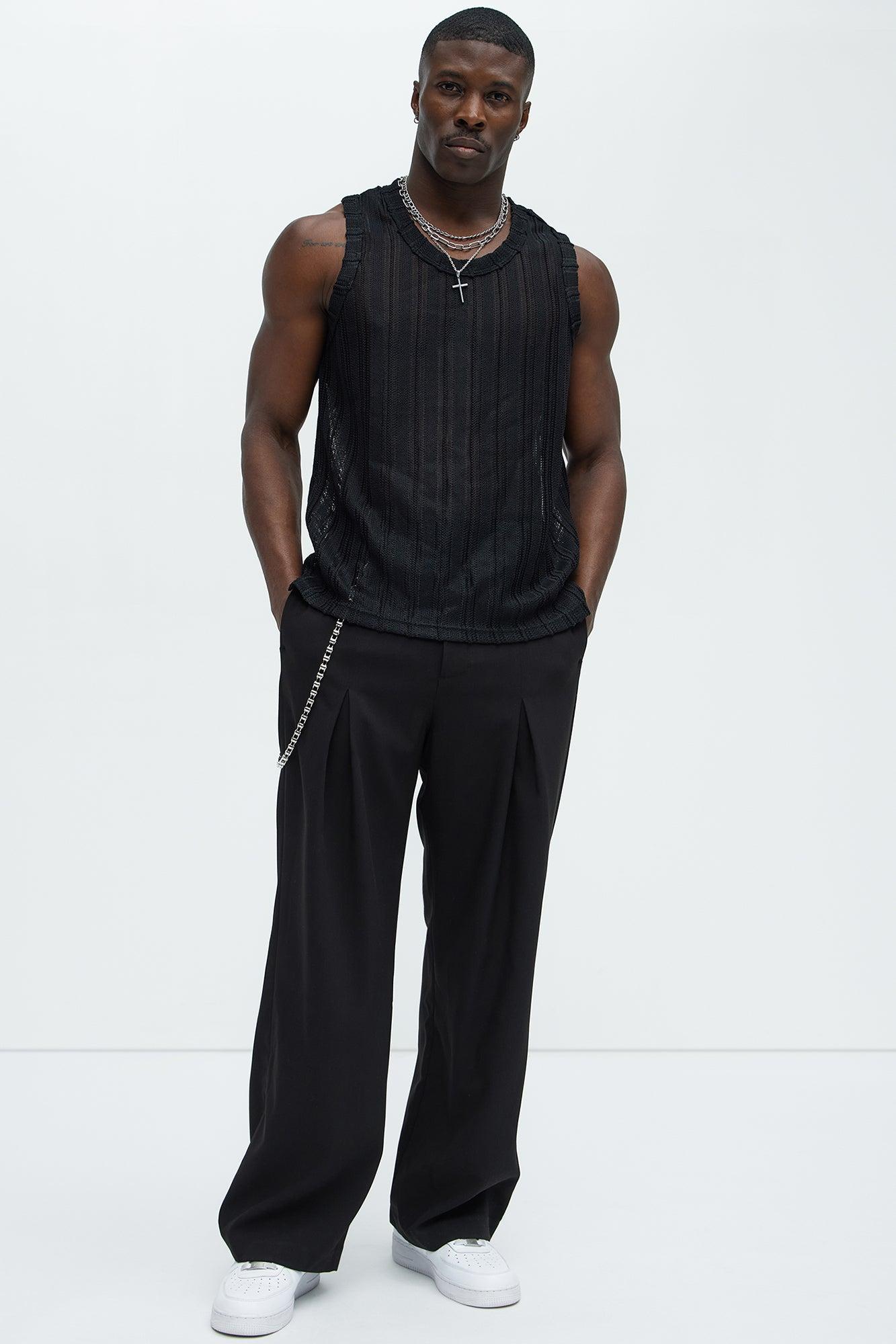 Striped Open Knit Tank - Black Product Image