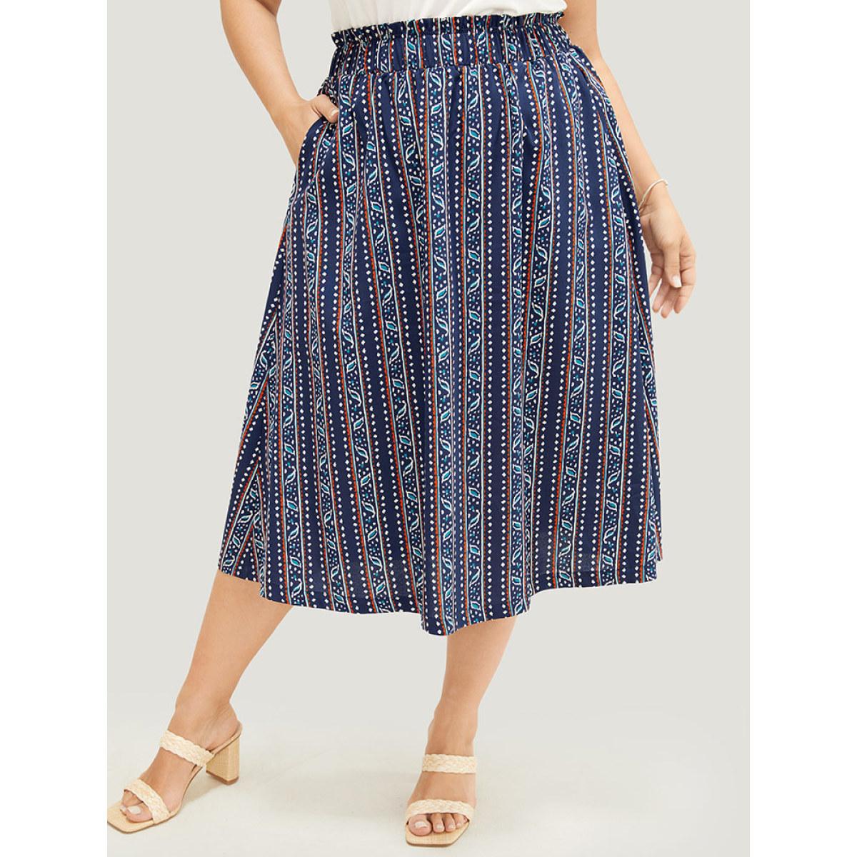 Plus Size Striped Print Pocket Paperbag Waist Skirt Women Indigo Vacation No stretch Pocket Dailywear Skirts BloomChic 18-20/2X Product Image