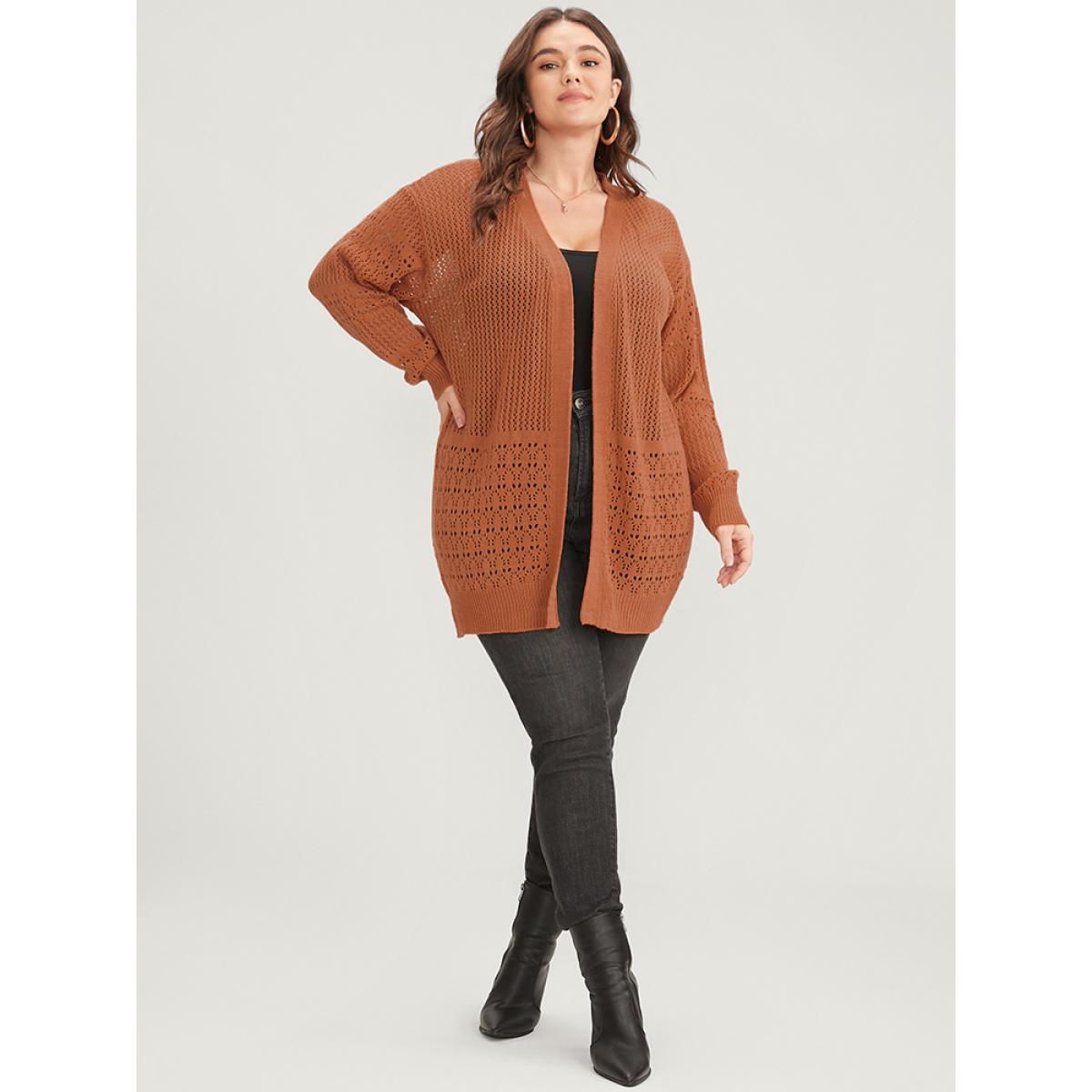 Plus Size Plain Pointelle Knit Open Front Asymmetrical Cut Out Cardigan Chocolate Women Casual Loose Long Sleeve Dailywear Cardigans BloomChic 10/M Product Image