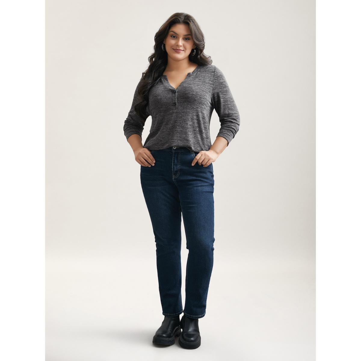 Plus Size Heather Textured Button-Front Fitted T-Shirt DimGray Women Casual Button Notched collar Bodycon Everyday T-shirts BloomChic 10/M Product Image