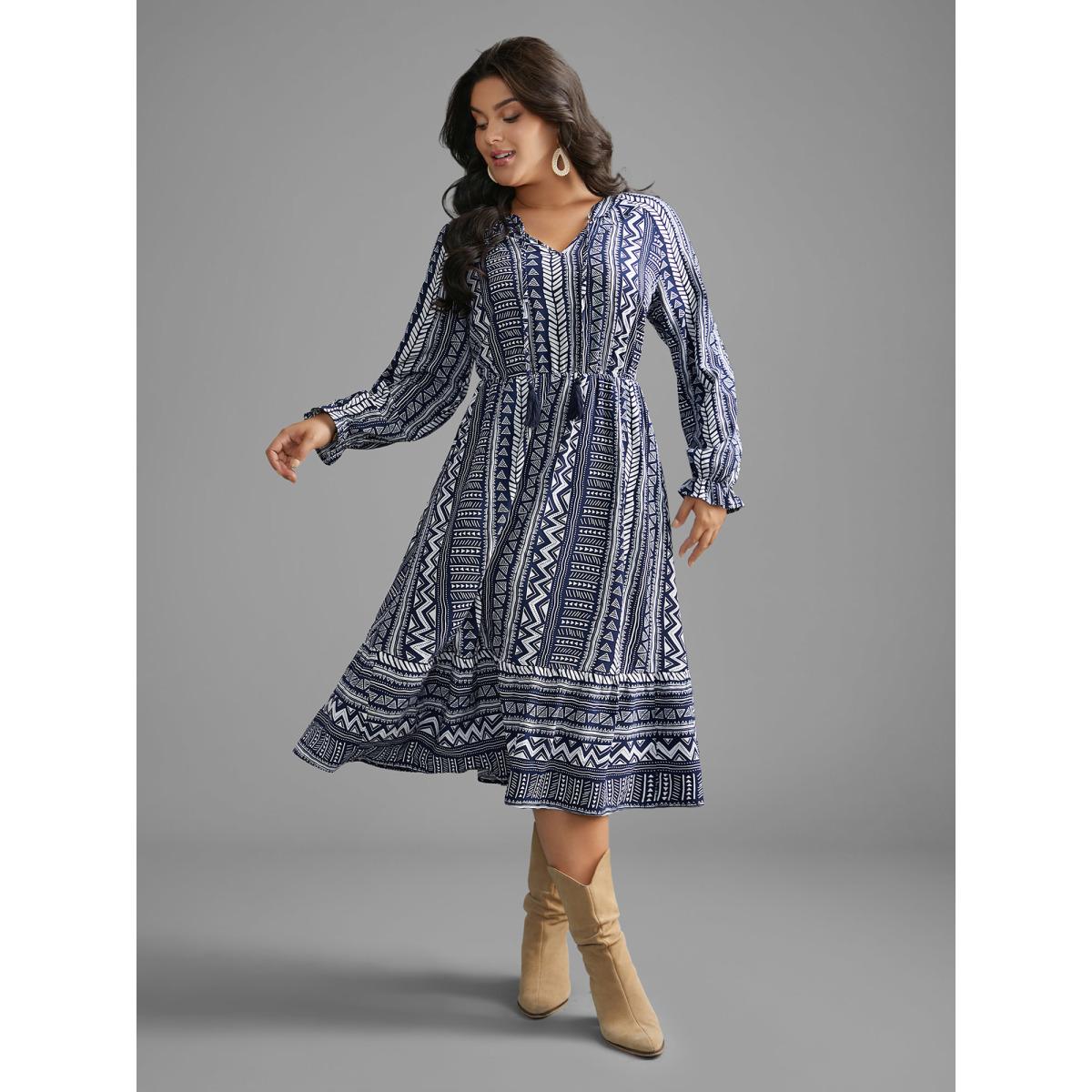 Plus Size Bandana Geometric Tassels Tie Knot Dress Indigo Women Resort Tie knot Flat collar with V-notch Long Sleeve Curvy BloomChic 30/6X Product Image