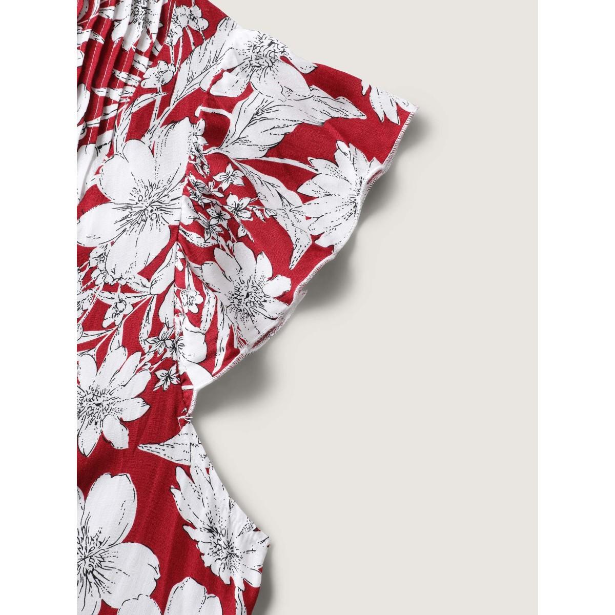 Plus Size Scarlet Silhouette Floral Toothpick Pleat Blouse Women Timeless Cap Sleeve Flat collar with V-notch Elegant Blouses BloomChic 30/6X Product Image