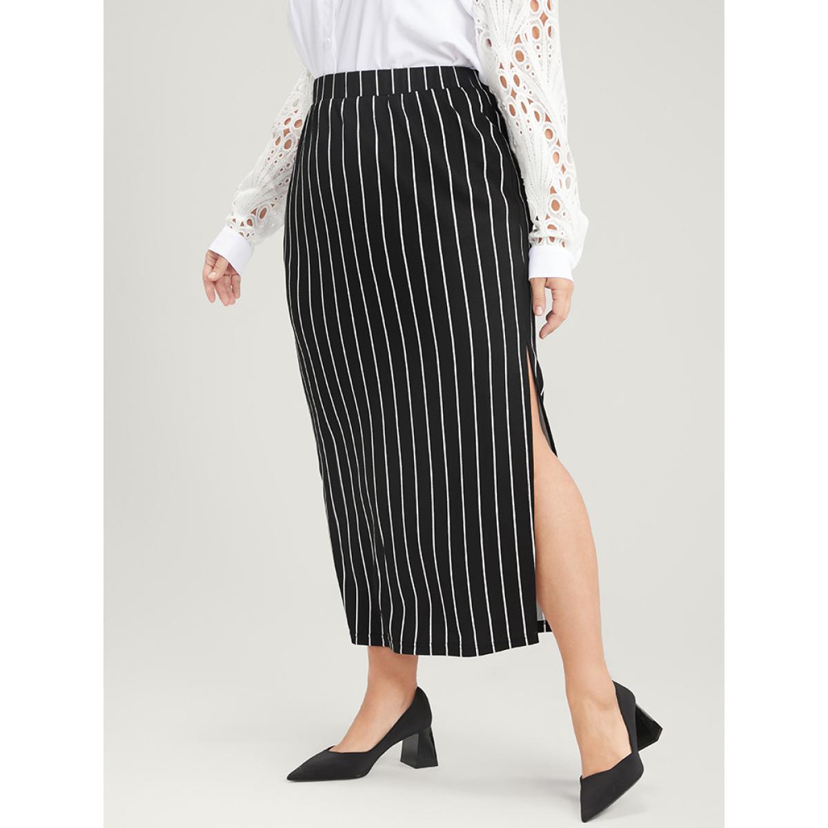 Plus Size Striped Elastic Waist Split Skirt Women Black Office Elastic Waist Medium stretch Work Skirts BloomChic 12/L Product Image