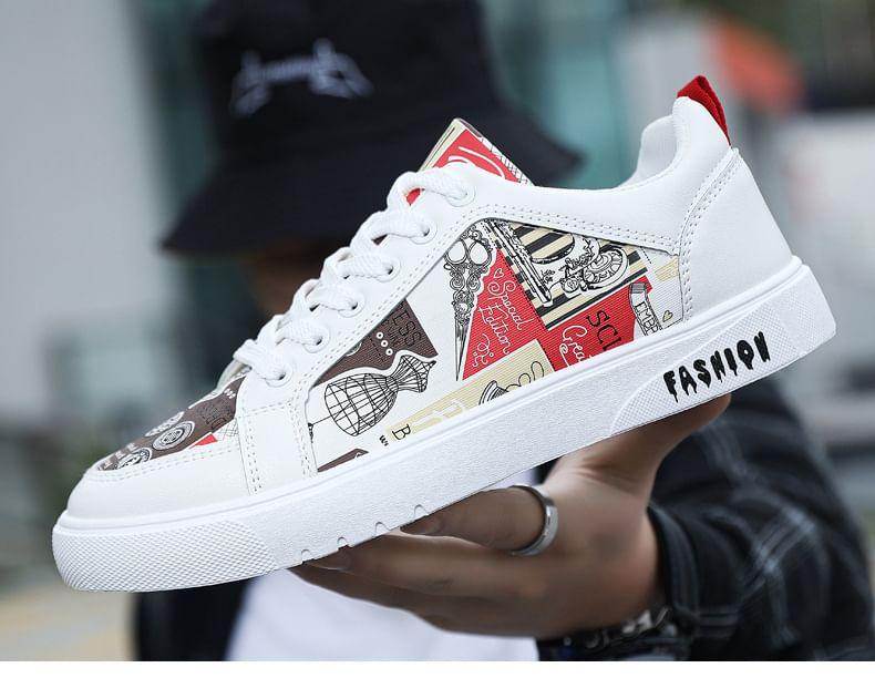 Lettering Print Lace-Up Faux Leather Sneakers Product Image