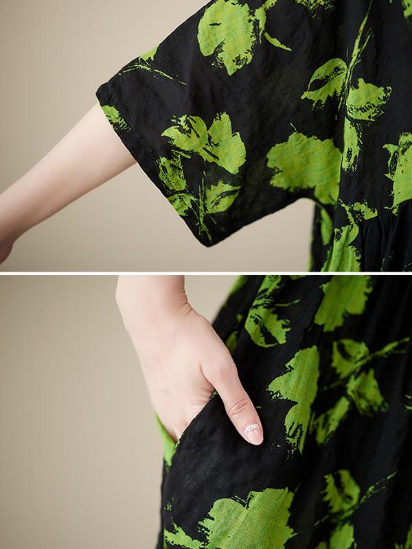 Loose Floral Pleated Round-Neck Midi Dresses Product Image