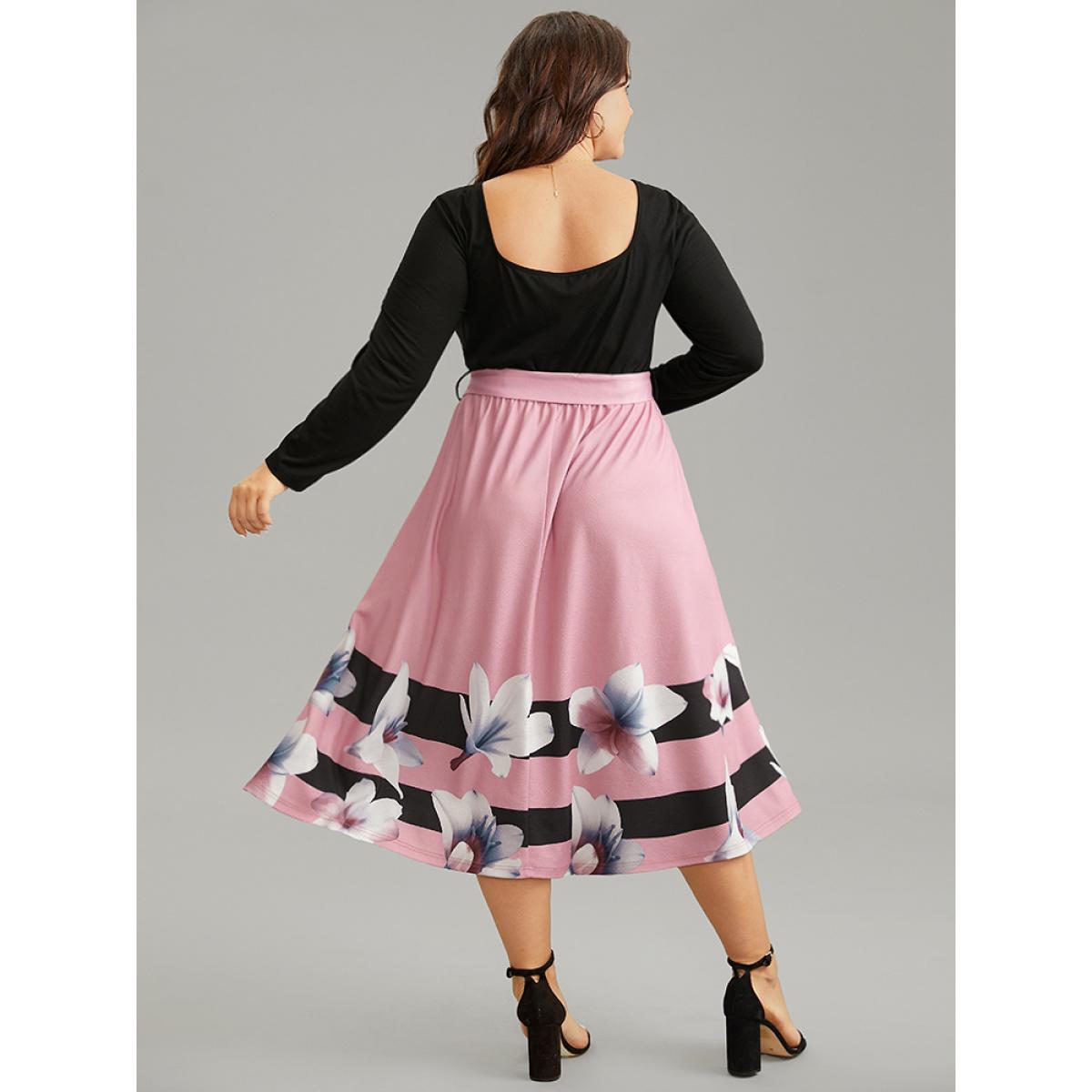 Plus Size Floral Contrast Ruched Square Neck Belted Dress Black Women Elegant Gathered Square Neck Long Sleeve Curvy Midi Dress BloomChic 14-16/1X Product Image