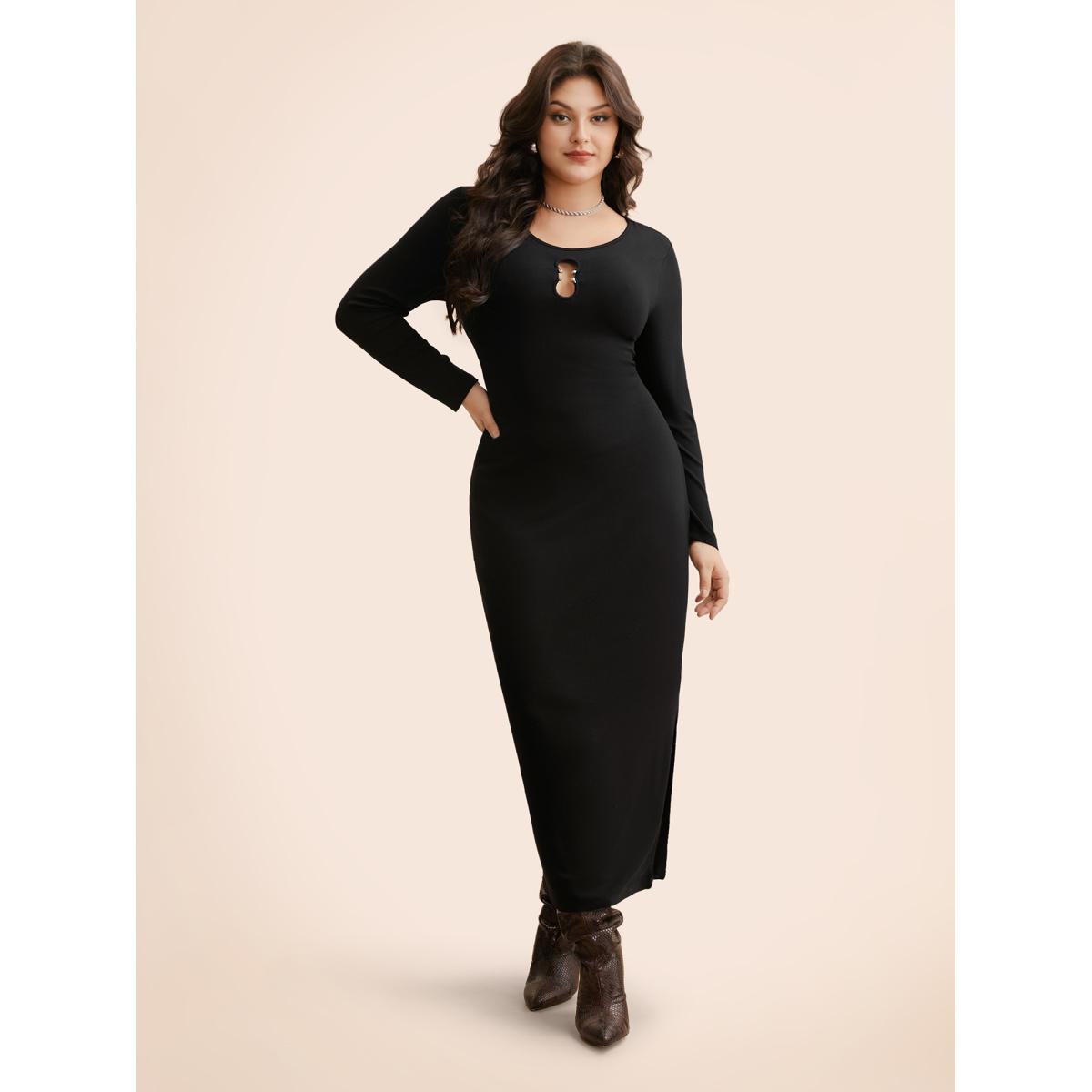 Plus Size Metal Detail Keyhole Split Hem Dress Black Women Elegant Texture Boat Neck Long Sleeve Curvy BloomChic 22-24/3X Product Image