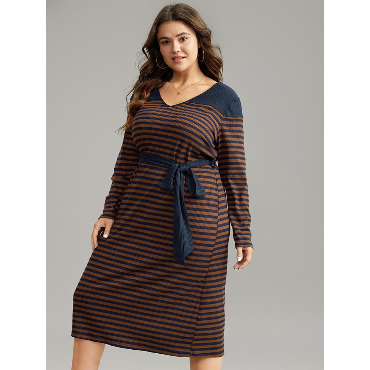 Plus Size Rib Knit Belted Patchwork Contrast Dress DarkBrown Women Casual Belted V-neck Long Sleeve Curvy Midi Dress BloomChic 18-20/2X Product Image