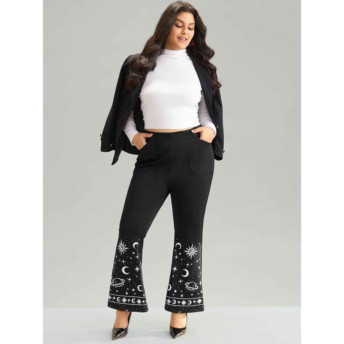 Plus Size Moon & Star High Rise Elastic Waist Flare Leg Pants Women Black Elegant Flare Leg High Rise Festival-Christmas Pants BloomChic 26/4X Product Image