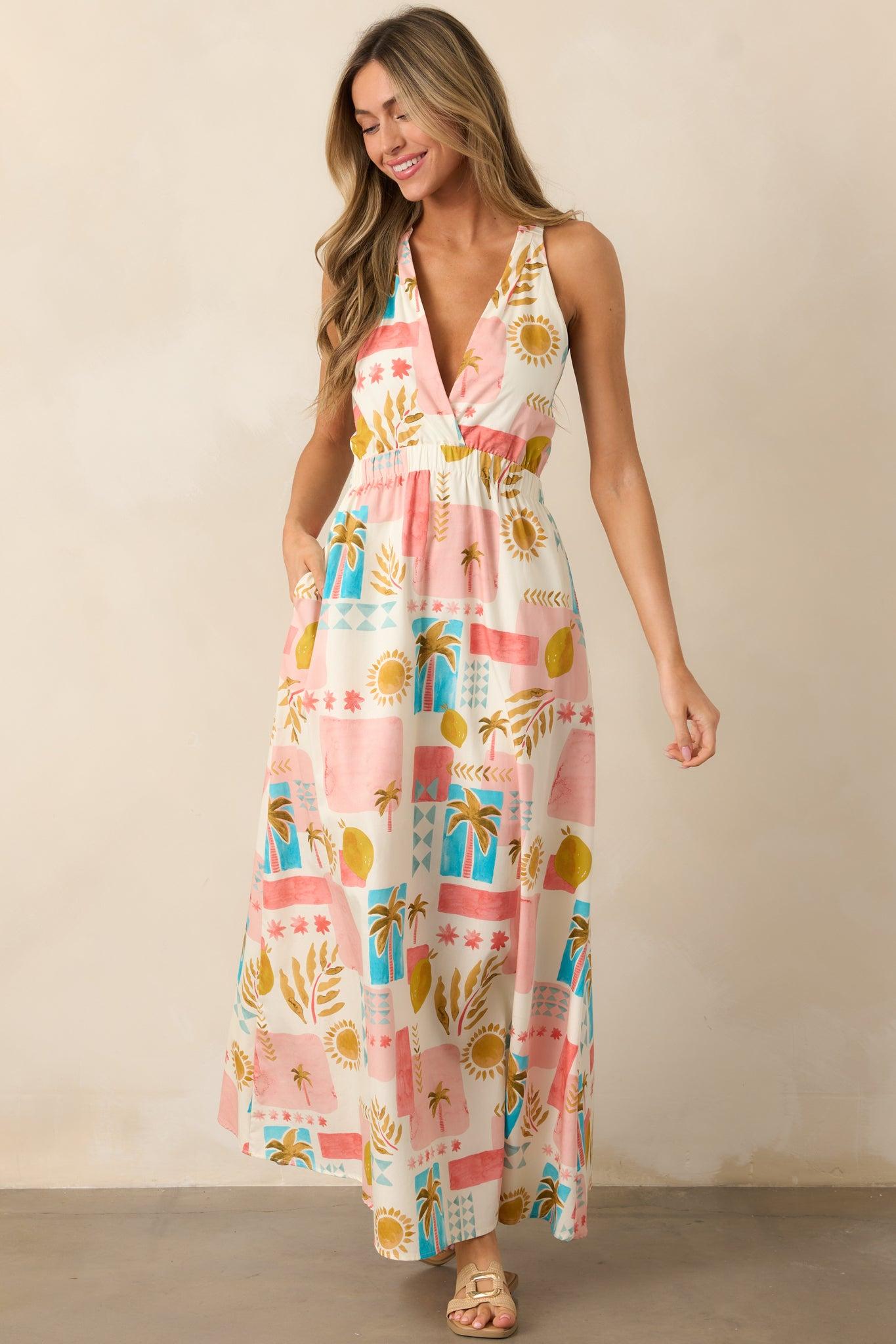 Vibrant Tides Pink Multi Tropical Print Maxi Dress Product Image