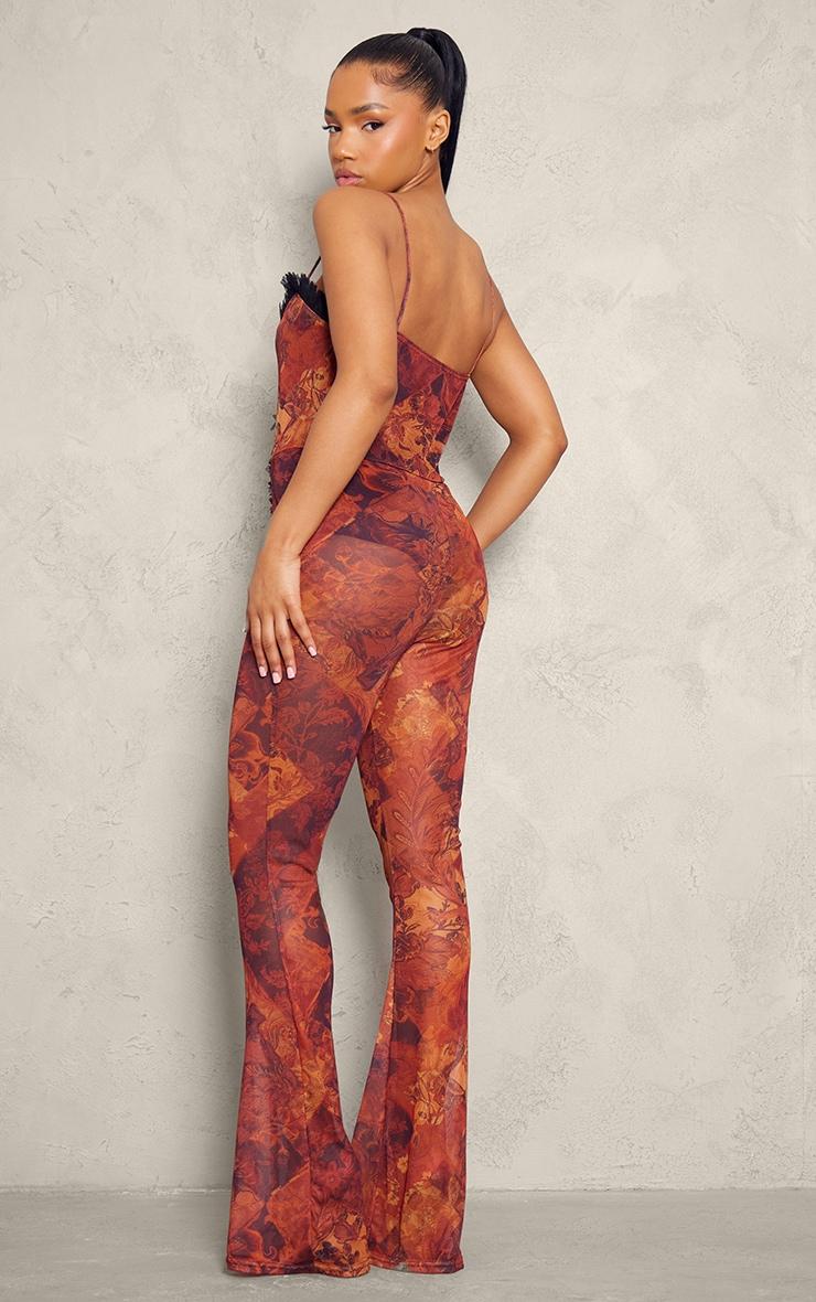Brown Paisley Print Mesh Cut Out Frill Detail Jumpsuit Product Image