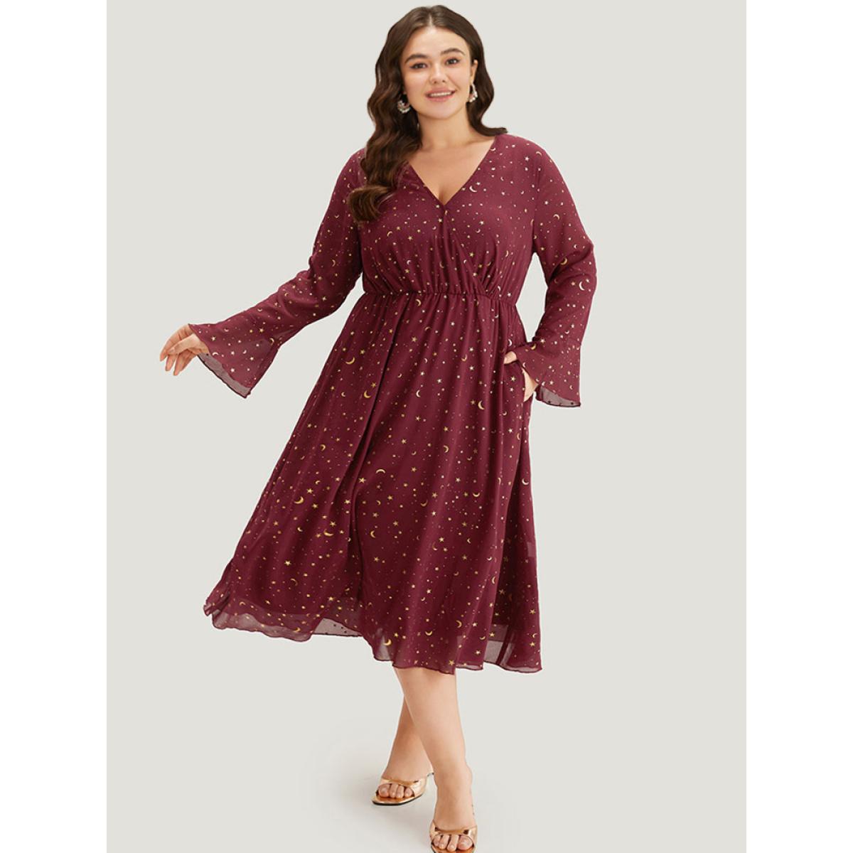 Plus Size Moon & Star Glitter Surplice Neck Bell Sleeve Dress Burgundy Women Party Printed V-neck Long Sleeve Curvy Midi Dress BloomChic 28/5X Product Image