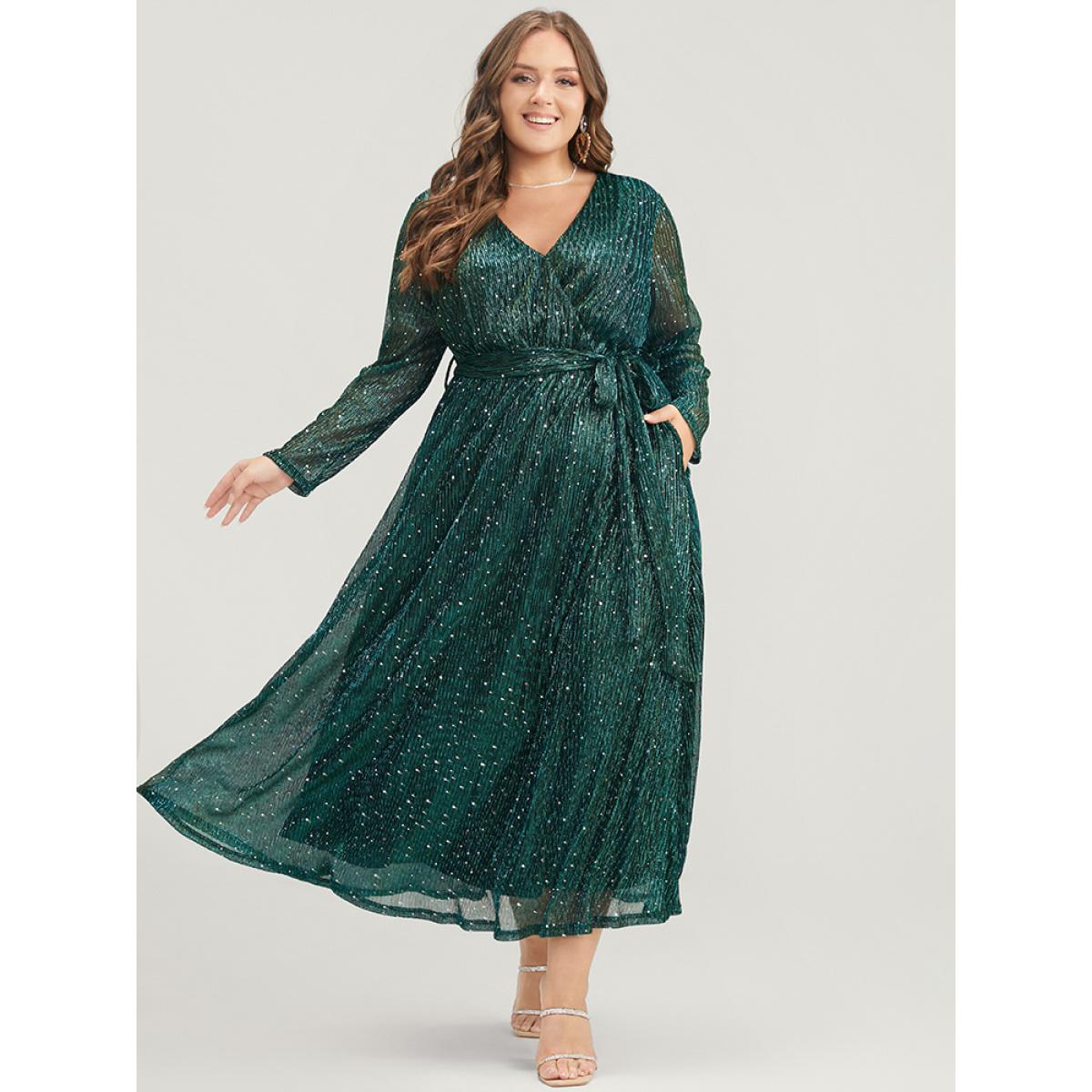 Plus Size Solid Pocket Wrap Belted Sequin Mesh Maxi Dress DarkGreen Women Cocktail Belted V-neck Long Sleeve Curvy Long Dress BloomChic 18-20/2X Product Image