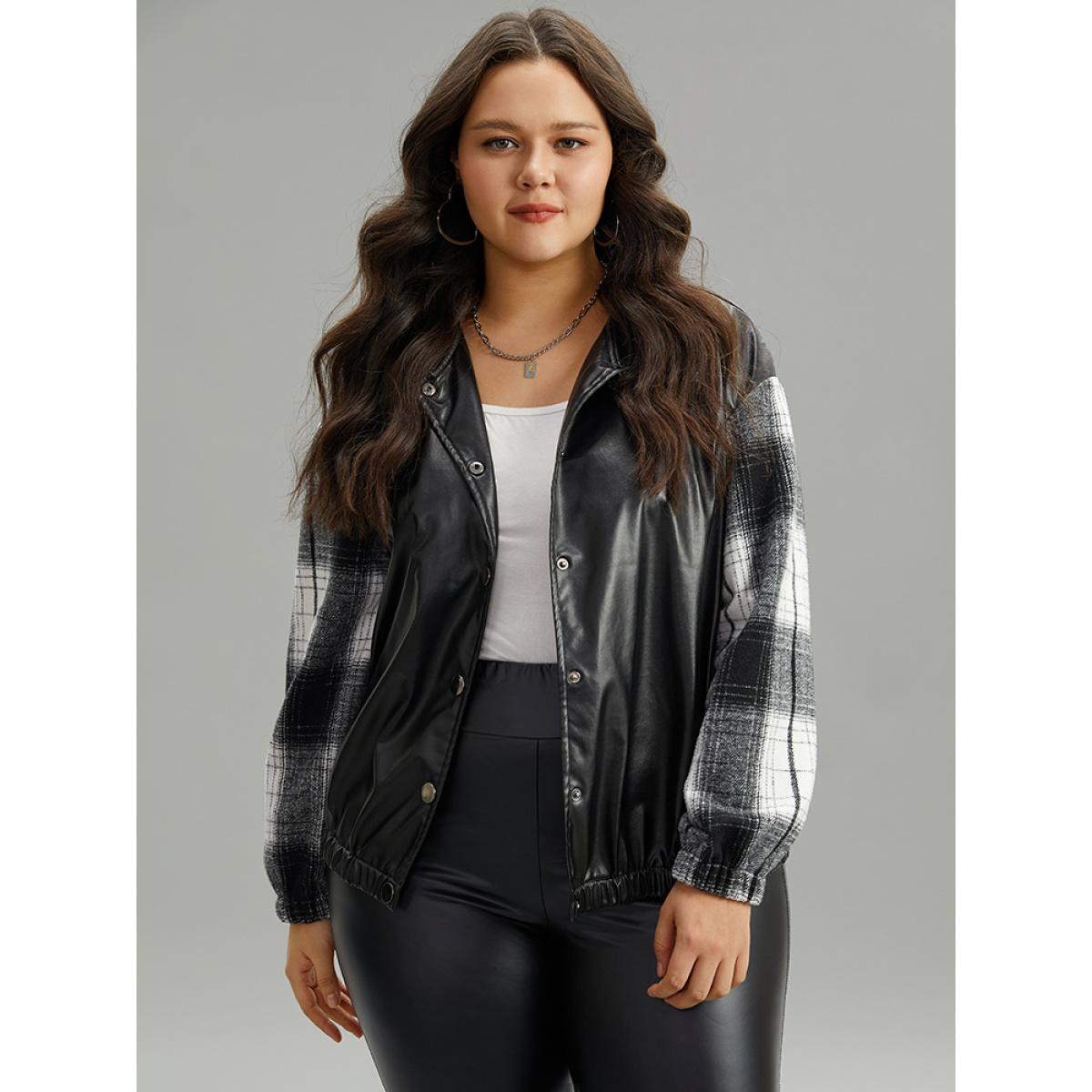 Plus Size Plaid Patchwork Contrast Button Up Jacket Women Black Elastic cuffs Dailywear Jackets BloomChic 22-24/3X Product Image