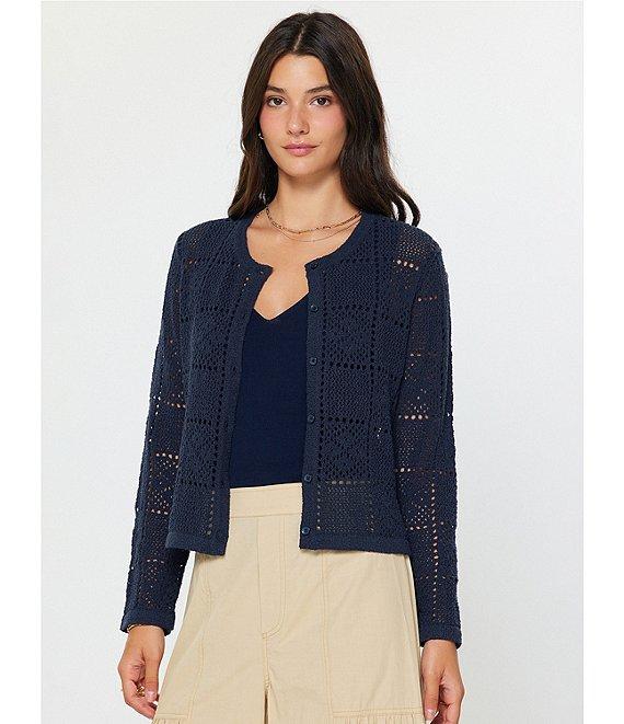 Current Air Pointelle Knit Round Neck Long Sleeve Button Front Cardigan Product Image