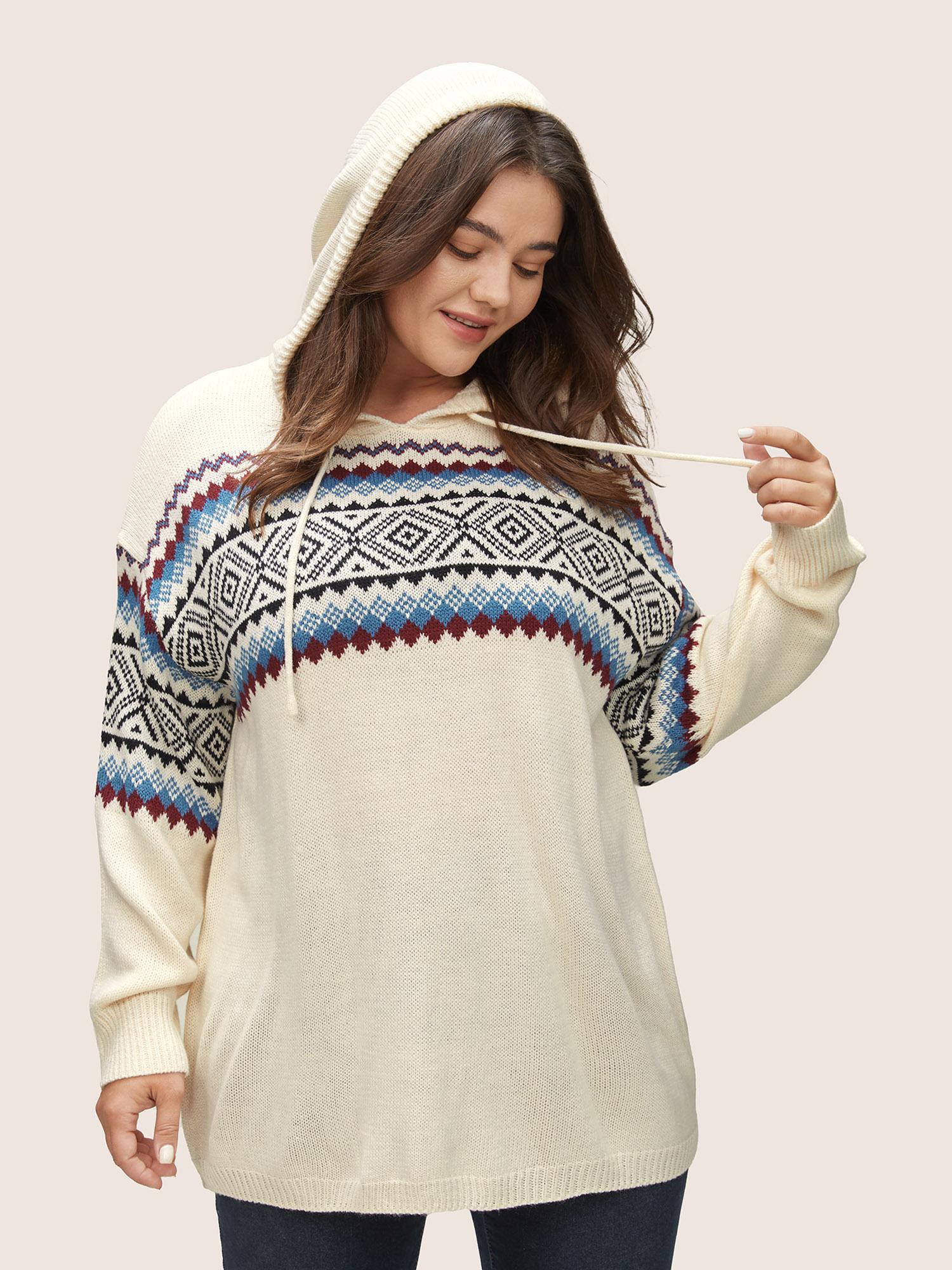 Plus Size Geometric Jacquard Drop Shoulder Drawstring Pullover Ivory Women Casual Loose Long Sleeve Hooded Everyday Pullovers BloomChic 30/6X Product Image