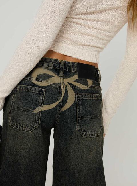 Ribbon Stamp Low Rise Wide Leg Jeans Antique Wash Product Image