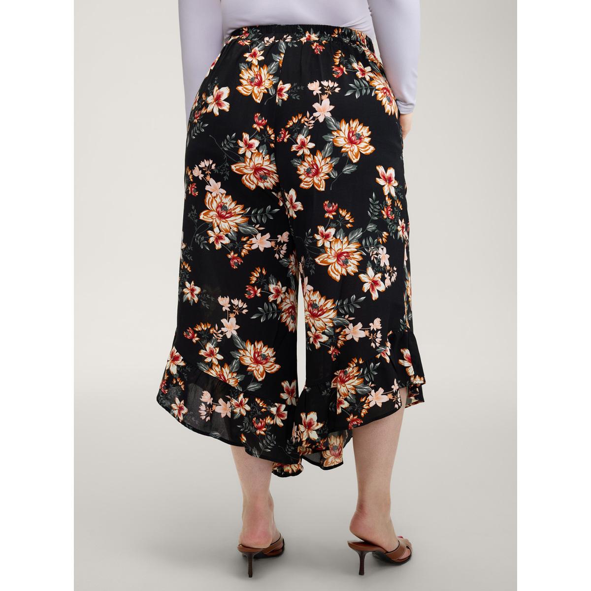 Plus Size Floral Print Ruffled Wide-Leg Pants Women BlackFlower Romantic Loose Mid Rise Elegant Pants BloomChic 30/6X Product Image