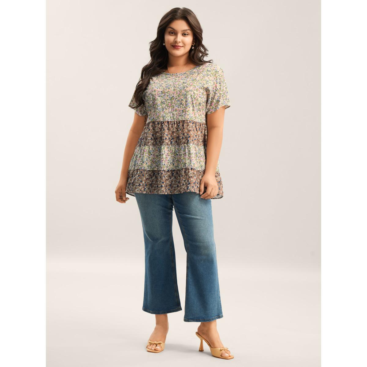 Plus Size Multicolor Ditsy Floral Print Tiered Blouse Women Timeless Short sleeve Round Neck Elegant Blouses BloomChic 14-16/1X Product Image