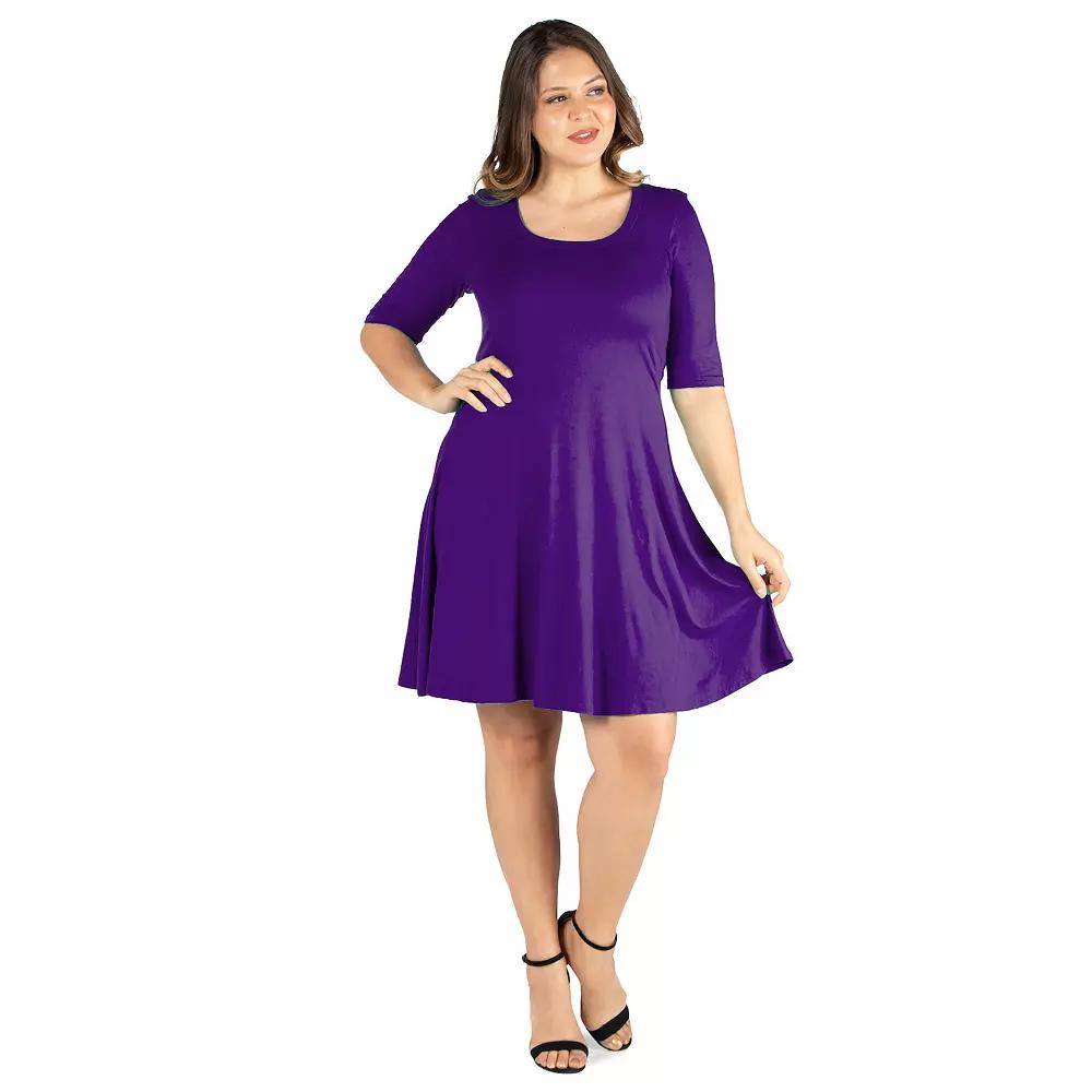 Plus Size 24seven Comfort Apparel Elbow Sleeve Knee Length Dress, Women's, Size: 1XL, Purple Product Image