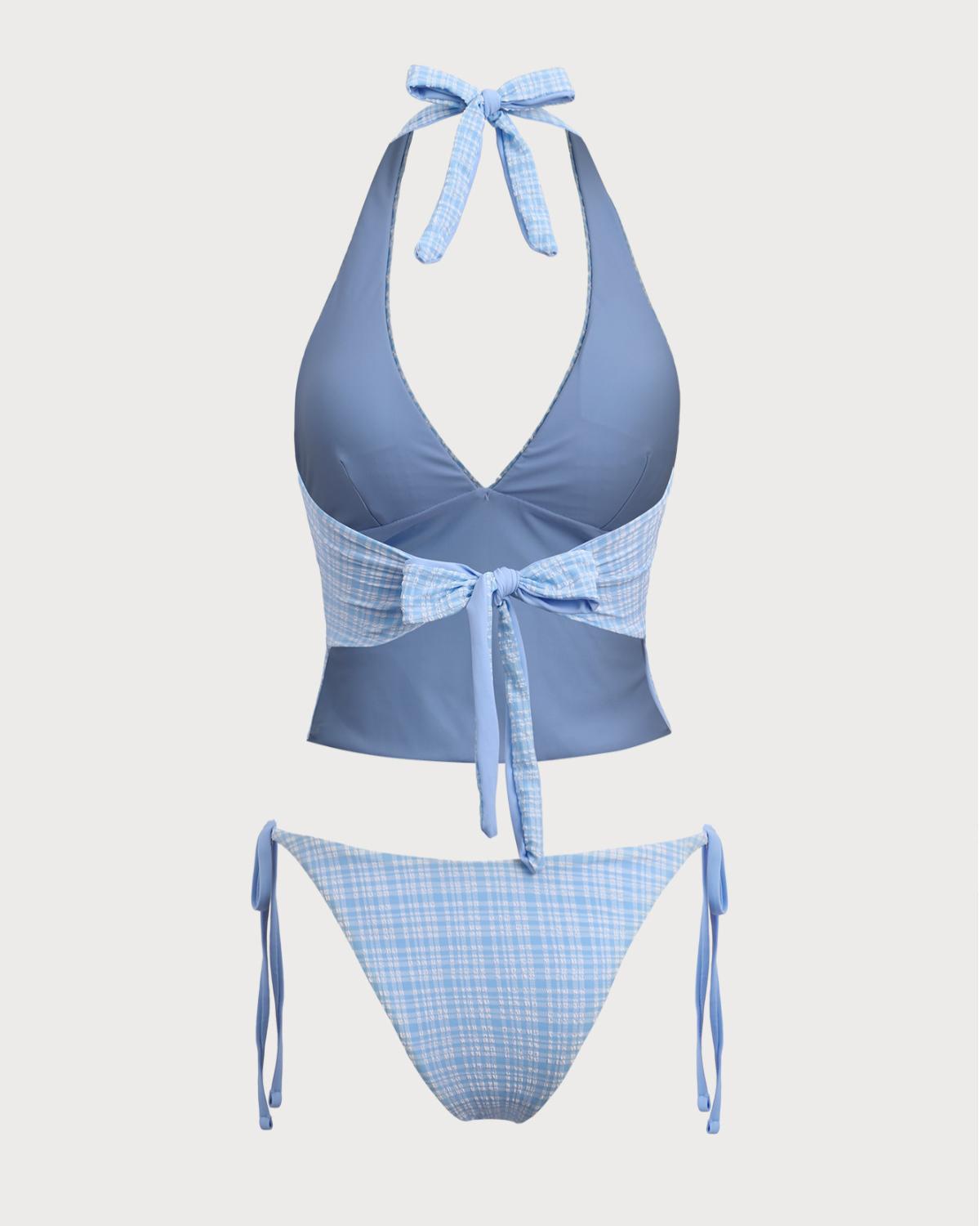 Blue Knitted Plaid Tankini Swimsuit Product Image