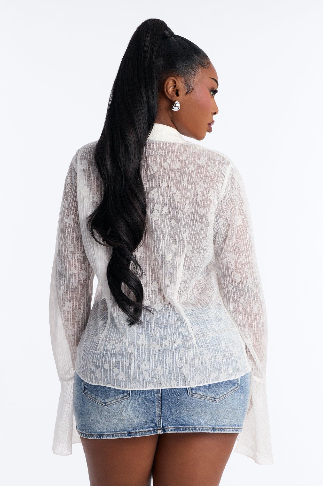 Emerson Textured Gauze Tie Long Sleeve Top - White Female Product Image