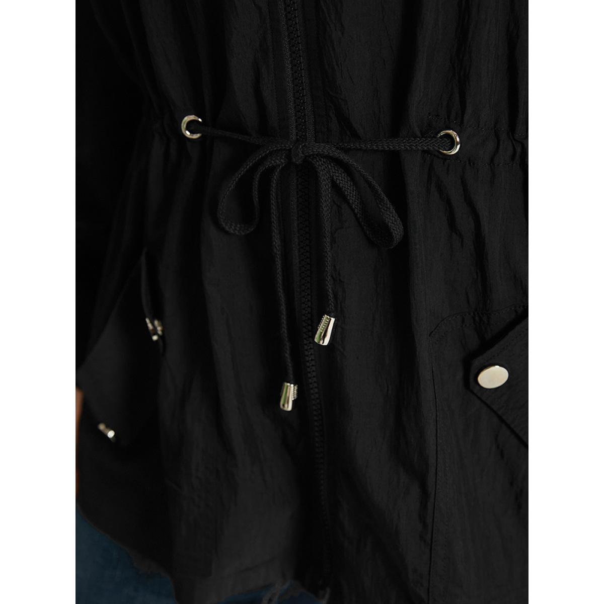 Plus Size Plain Hooded Zipper Drawstring Tab Sleeve Coat Women Black Plain Pocket Everyday Jackets BloomChic 18-20/2X Product Image