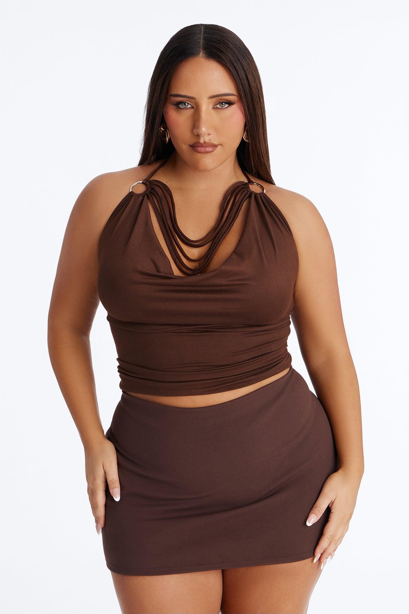 Party All Night Fringe Cowl Neck Halter Top - Chocolate Female Product Image