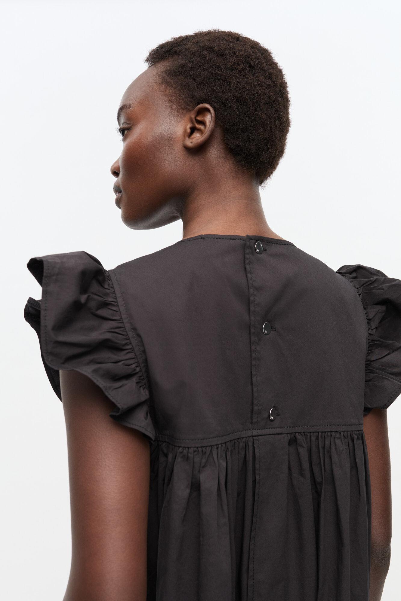 Black Stretch Cotton Frill Sleeve Dress Product Image