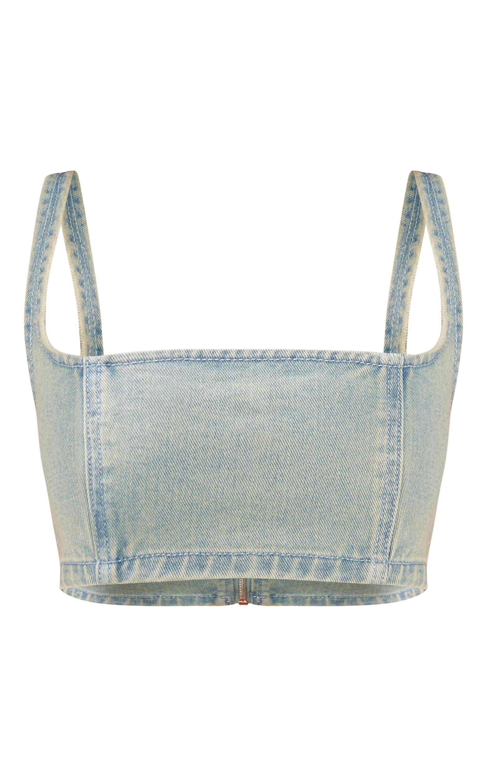 Petite Vintage Wash Denim Square Neck Extreme Crop Top Product Image