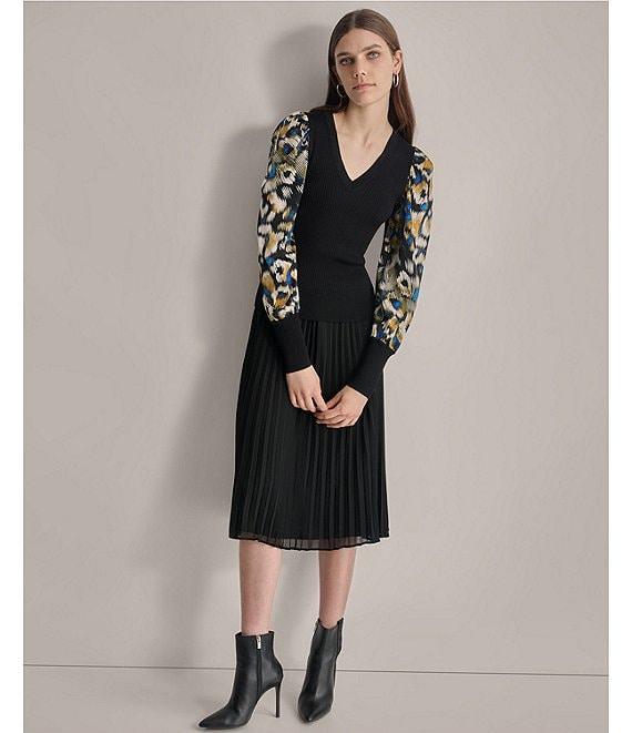 DKNY by Donna Karan Chiffon Pleated Pull-On A-Line Midi Skirt Product Image