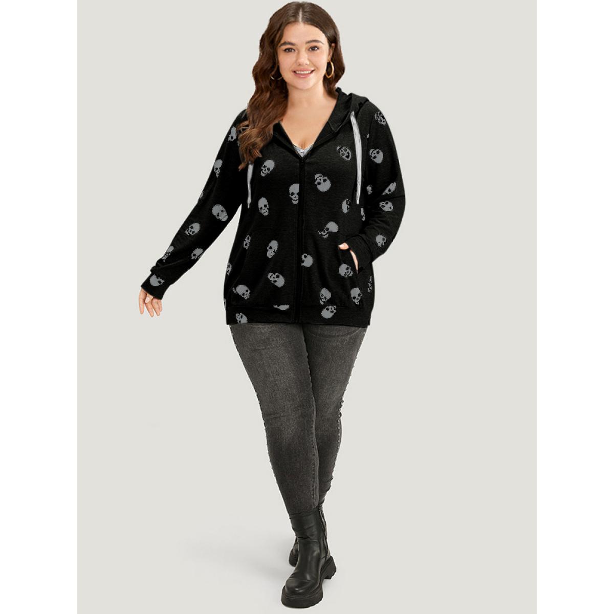 Plus Size Halloween Skull Print Pocket Zipper Hooded Sweatshirt Women Black Casual Elastic cuffs Hooded Festival-Halloween Sweatshirts BloomChic 22-24/3X Product Image